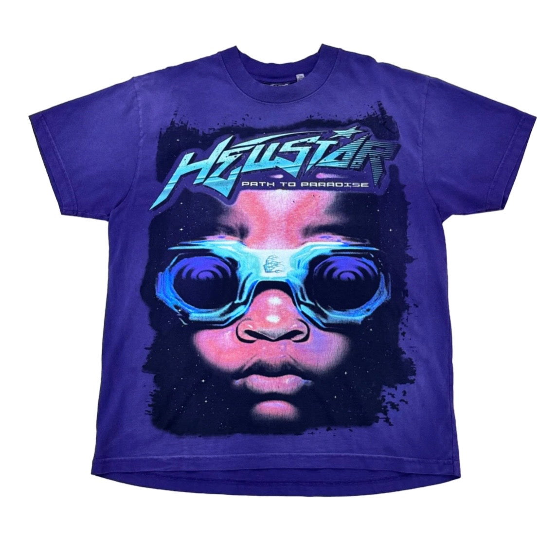 Hellstar Purple Goggles Tee front with a cyan logo, Path To Paradise line and goggled infant art