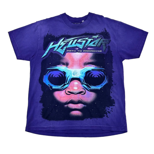 Hellstar Purple Goggles Tee front with a cyan logo, Path To Paradise line and goggled infant art