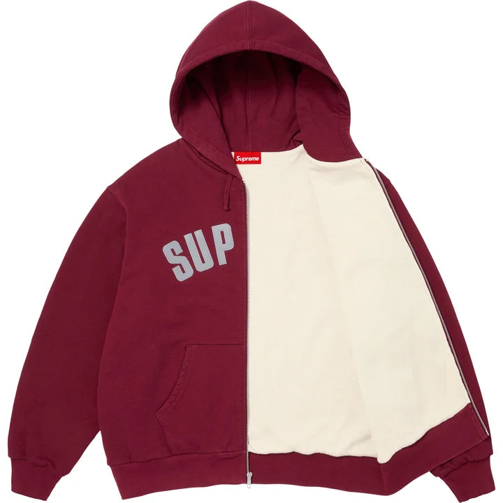 Cardinal Supreme Arc Thermal zip hoodie unzipped to show the cream thermal lining