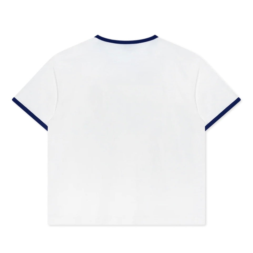 We Are Righteous Holy Sacrifice Ringer Tee plain back with navy ribbed collar and sleeve trim