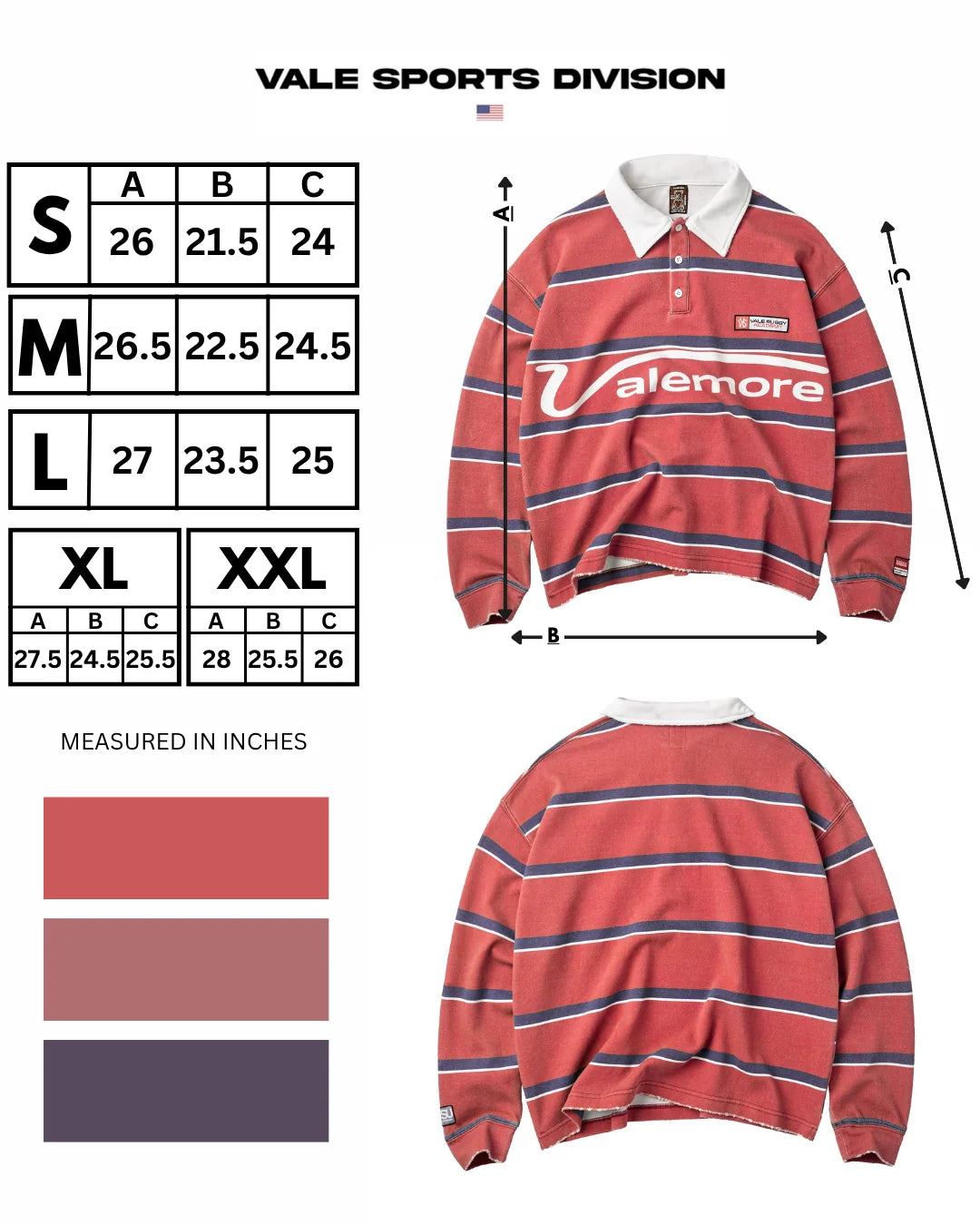 Vale Red Valemore Rugby Long Sleeve, size guide listing length, width and sleeve for S to XXL with colour swatches