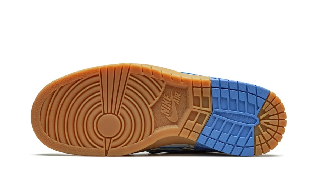 Off-White x Nike Air Rubber Dunk UNC gum outsole with a blue heel section