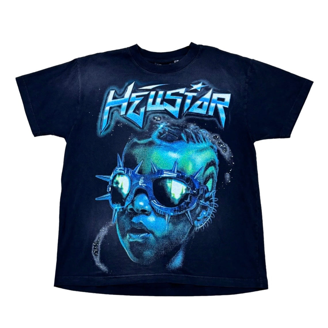 Hellstar Black Green Future Tee front with a cyan logo and green face in spiked mirrored goggles