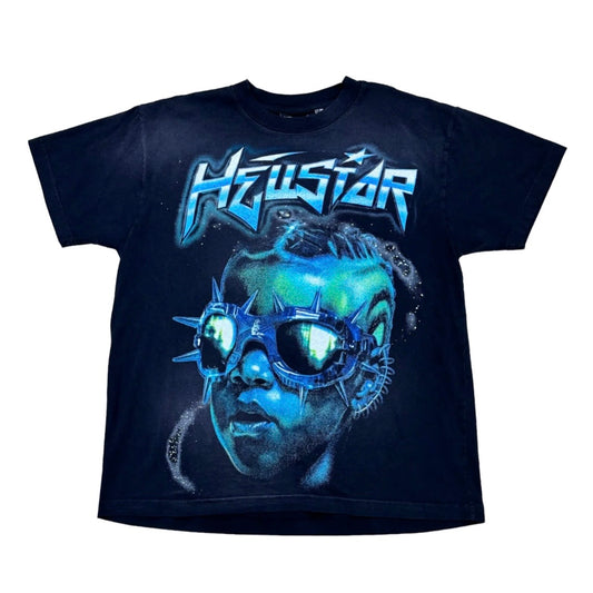 Hellstar Black Green Future Tee front with a cyan logo and green face in spiked mirrored goggles