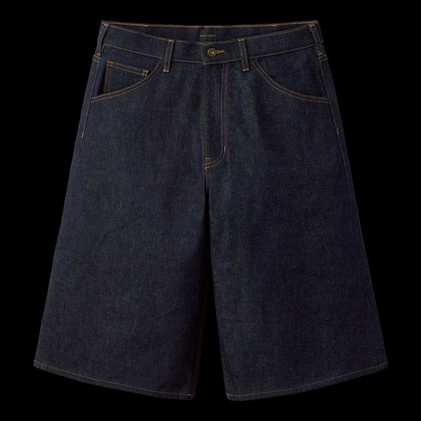 GV Gallery Belt Jorts front view in raw indigo denim with contrast orange topstitching