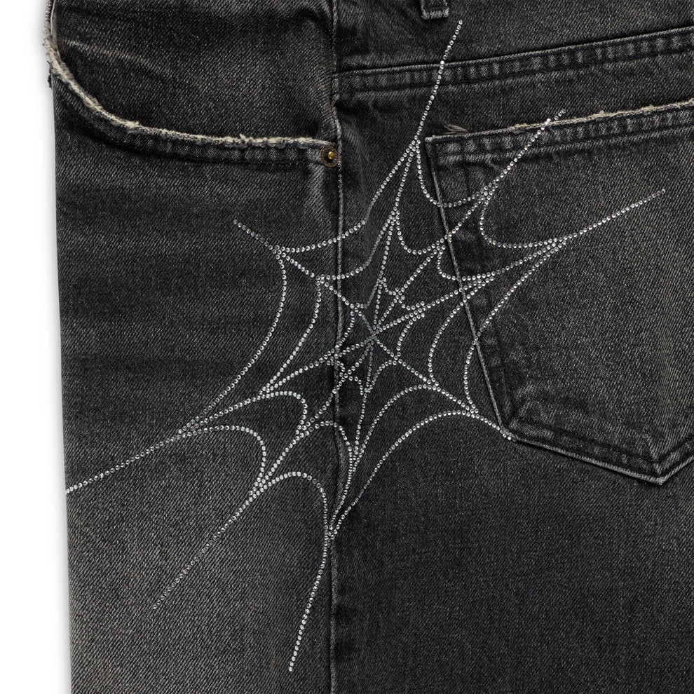 Sp5der Black Wash Script Denim Shorts