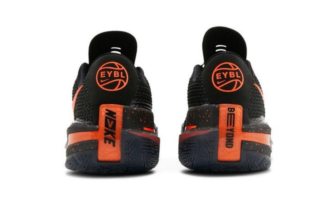 Nike Air Zoom GT Cut EYBL Black, rear view of the pair with round EYBL basketball logos on the heels