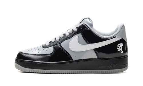 Nike Air Force 1 Syna Central Cee Black White Smoke Grey, black patent low with grey swoosh, white script heel logo and grey sole