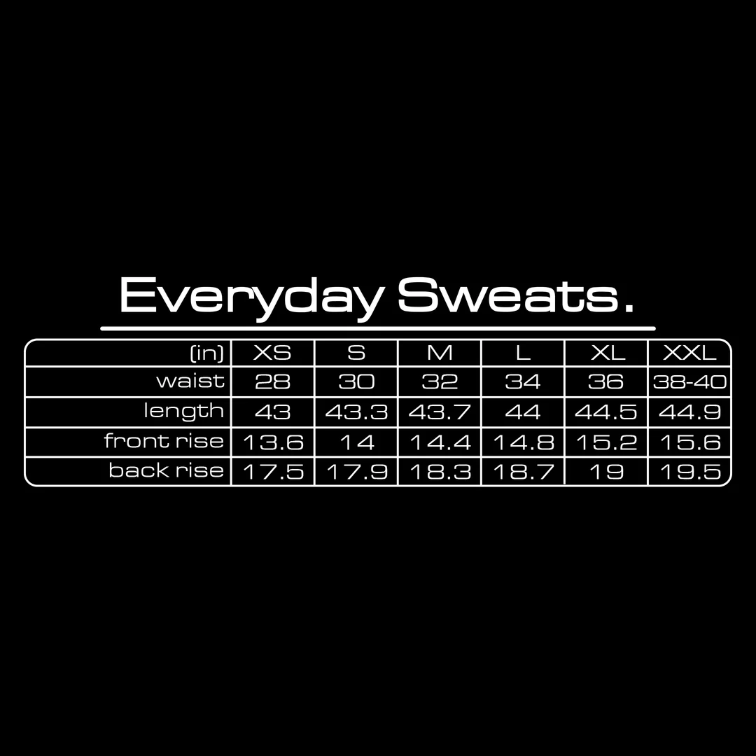 GV Gallery Everyday Sweatpants, size guide listing waist, length, front rise and back rise for XS to XXL
