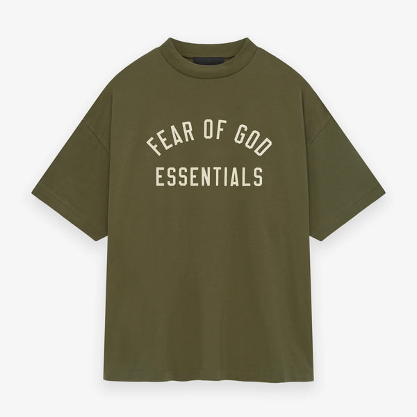 Fear of God Essentials Military T-Shirt, olive green boxy tee with FEAR OF GOD ESSENTIALS arched on the chest in tan