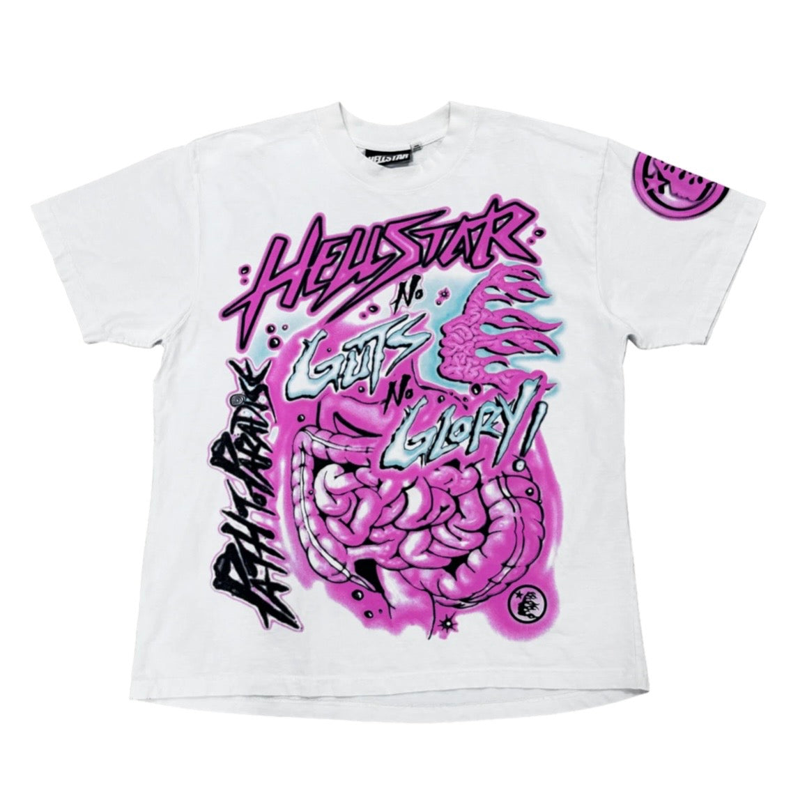 Hellstar White No Guts No Glory Tee front with pink airbrushed guts art and a sleeve seal patch