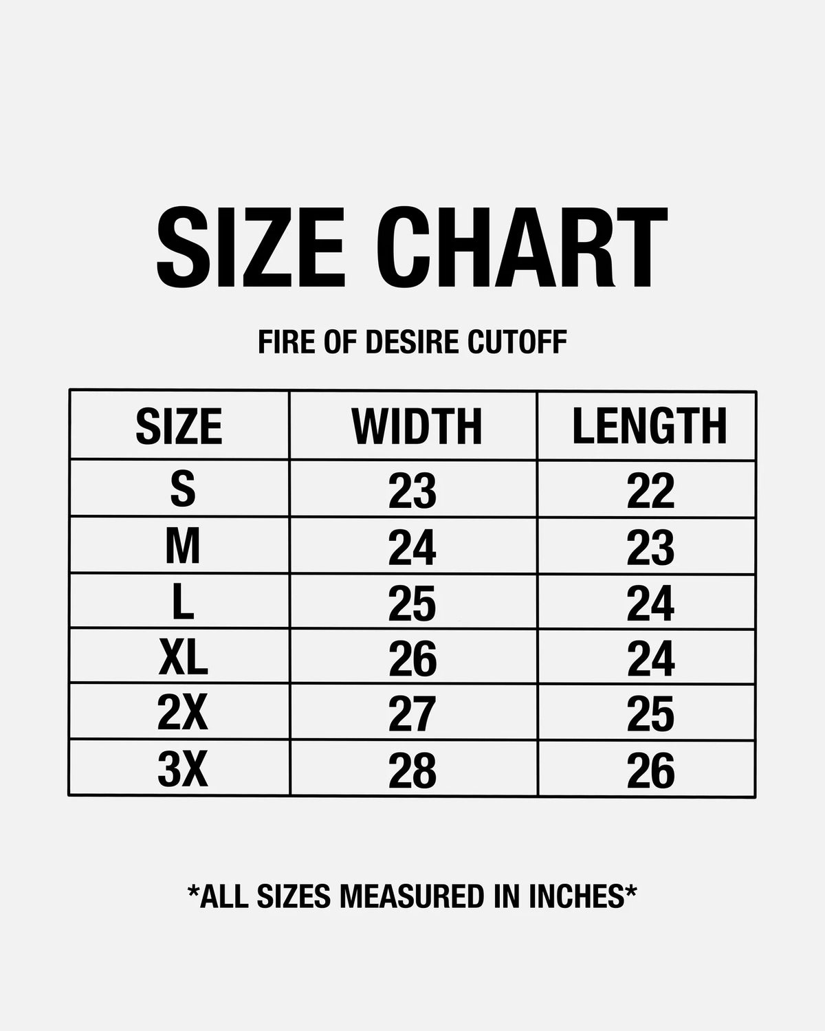 Size chart graphic for the Fire Of Desire Cutoff with width and length measurements