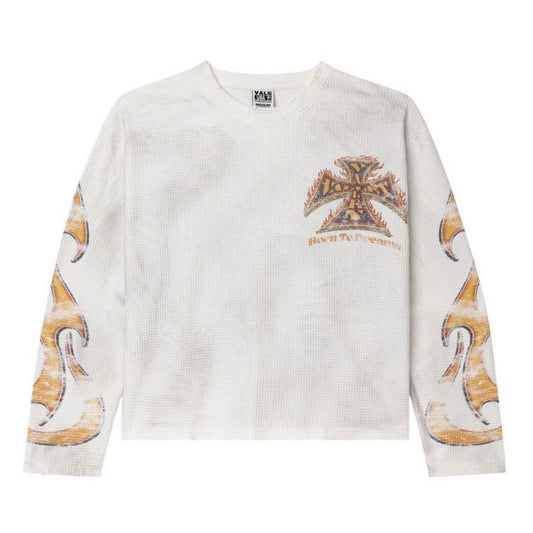 Vale White Reborn Thermal, cream waffle knit long-sleeve with a small chest emblem and orange flame prints on the sleeves