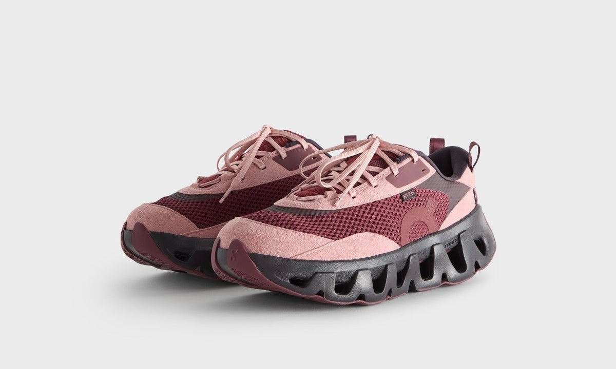 Kith On Running K-Tech 2 Ruby Ox, pair at an angle showing the pink suede toe and burgundy On logo