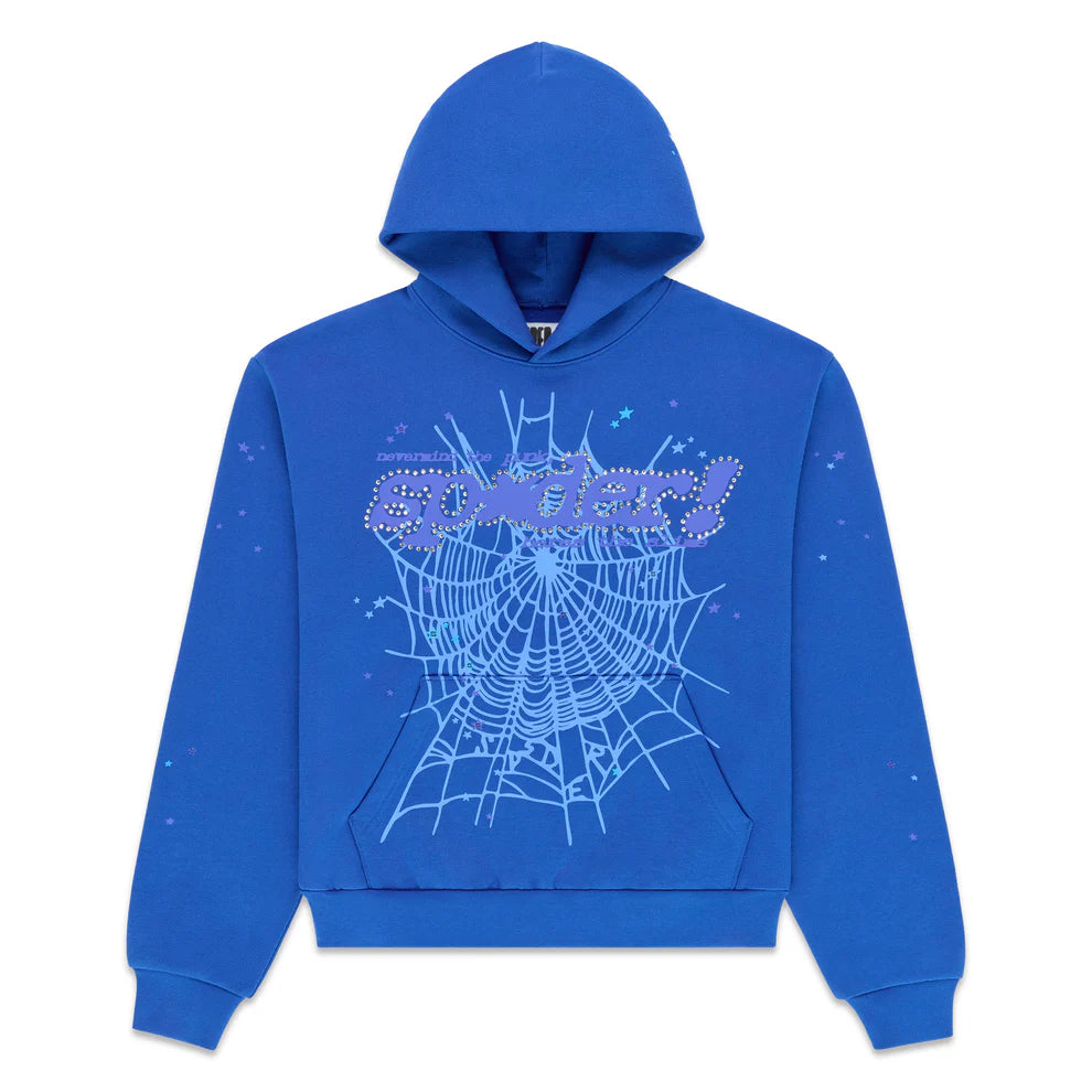 Sp5der Blue Rhinestone Punk V2 Hoodie