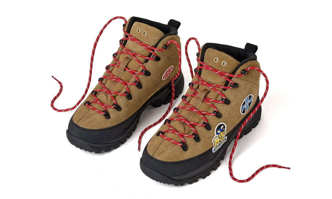 Vale Classic Wheat Hikers angled pair in tan suede with red speckled laces trailing loose