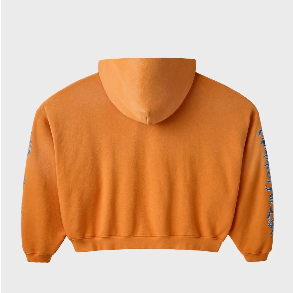 HMDD Cropped OC Summer Zip Hoodie, back of the orange cropped hoodie, plain body with the hood up and sleeve print showing