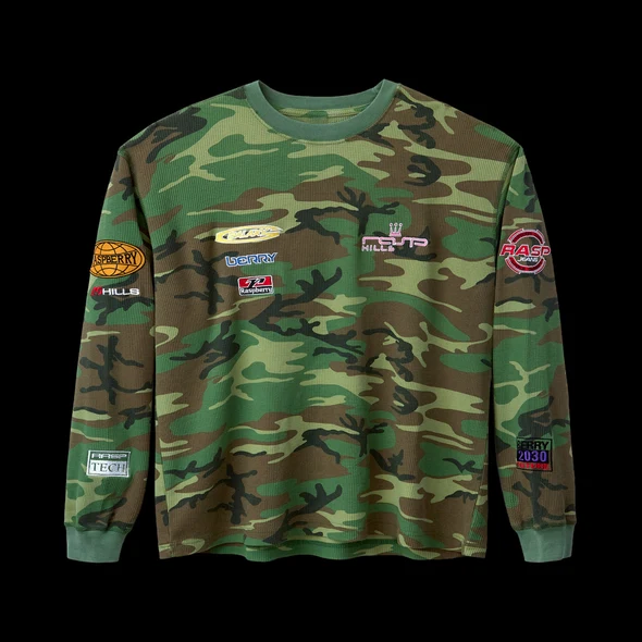 Green woodland camo waffle thermal covered in motorsport-style embroidered patches