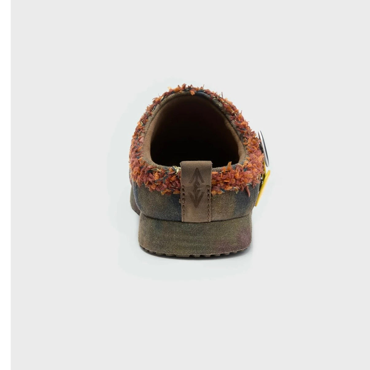 HMDD Graffiti Mule, rear view of the backless clog showing the heel tab and tan footbed