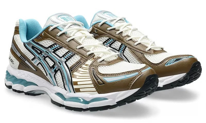 ASICS Gel-Kayano 12.1 Brown Blue Cream Stillwater angled pair view showing white mesh and cream midsoles