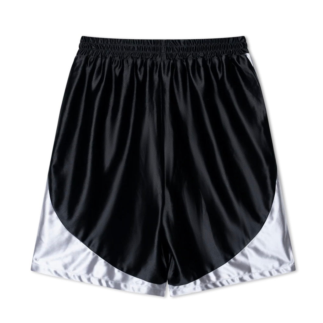 We Are Righteous Sandler Gym Shorts back view showing elastic waistband and white curved hem panel