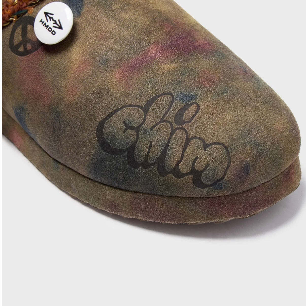 HMDD Graffiti Mule, close-up of the toe with the graffiti Chim script written across the washed suede