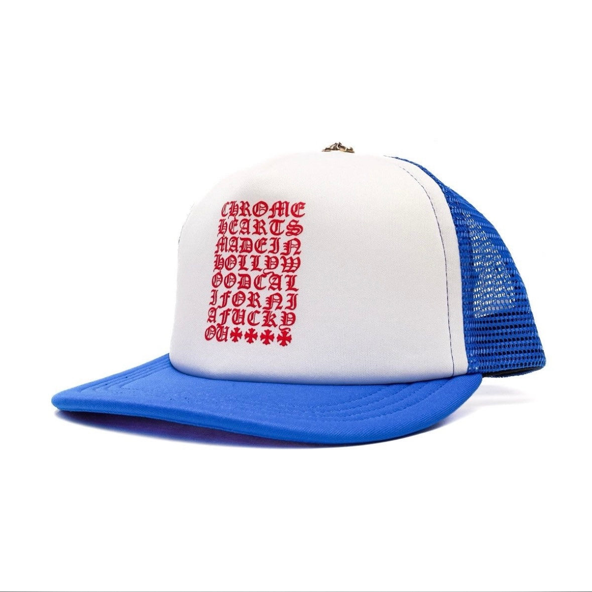 Chrome Hearts Blue White Red Eyechart Trucker Hat