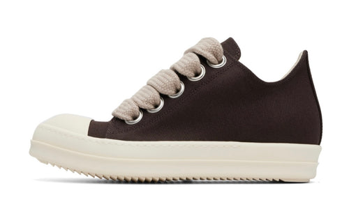 Rick Owens DRKSHDW Tower Jumbolace Low Dark Dust Milk, side view of the dark brown canvas low-top with thick cream laces and rubber sole