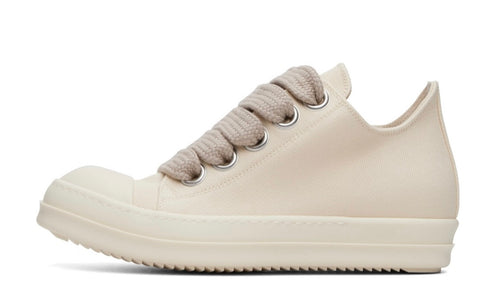 Rick Owens DRKSHDW Tower Jumbolace Low Off-White Milk, side profile of the off-white canvas low-top with thick chunky laces