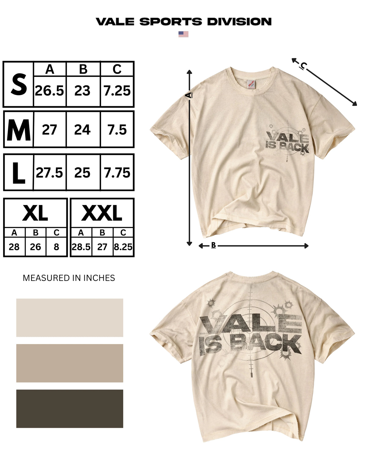 Vale Is Back T-Shirt size chart showing length, width and sleeve columns with colour swatches