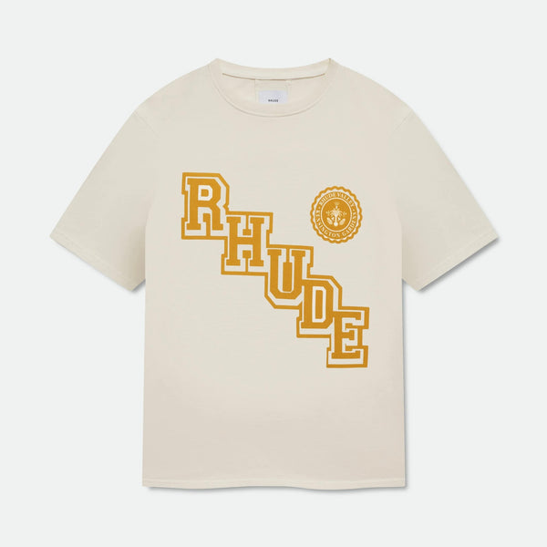 Rhude Vintage White Yellow Collegiate Crest T-Shirt, cream tee with stepped gold varsity letters and a round gold seal