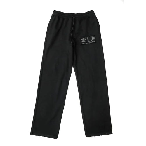 Bottega Desires Black Tech Sweatpants, straight-leg black sweatpants with a small grey oval logo at the thigh and raw hems