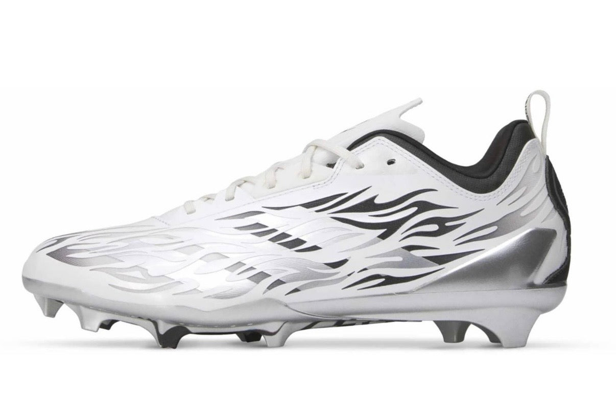 Hellstar Adidas Adizero Electric II White Black Silver, side view of a white cleat with black flame graphics and silver studded plate
