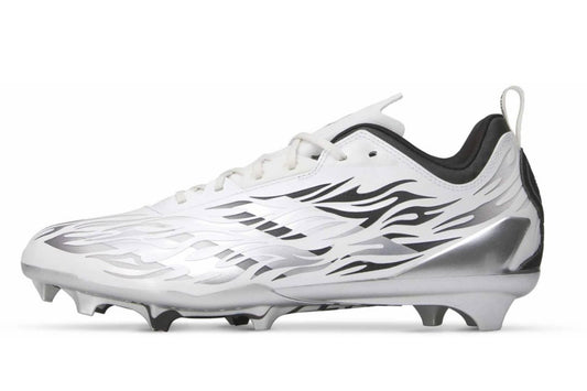 Hellstar Adidas Adizero Electric II White Black Silver, side view of a white cleat with black flame graphics and silver studded plate
