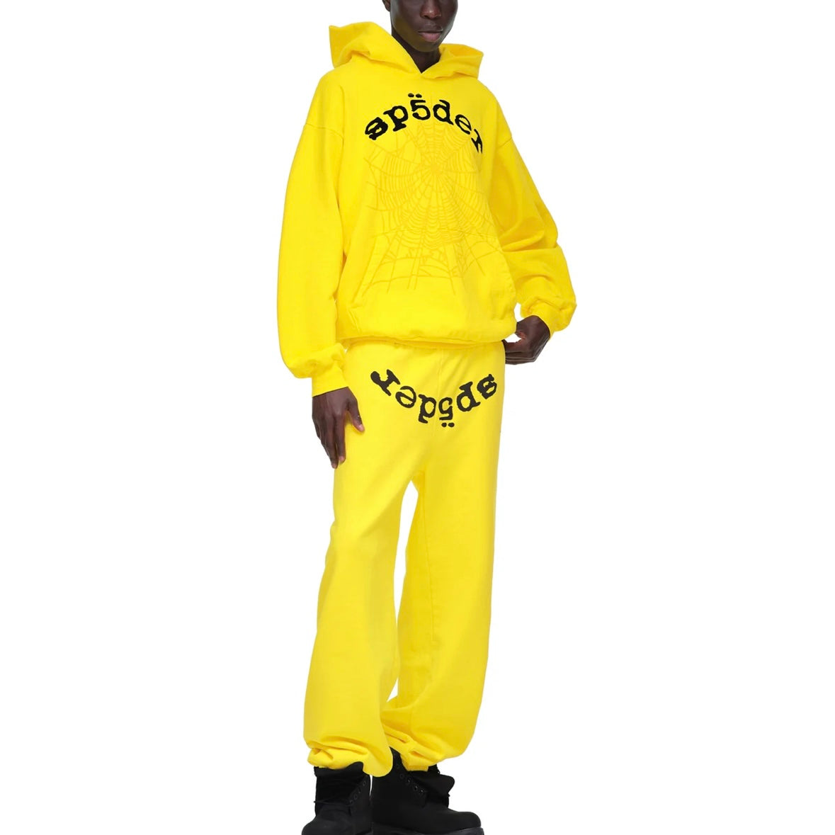 Sp5der Yellow Black Legacy Hoodie On Body Full Outfit Male