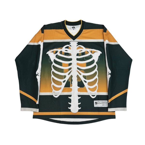Killtec Dirty $$$ League Hockey Jersey, front of the green-to-gold gradient jersey with a white rib-cage skeleton print