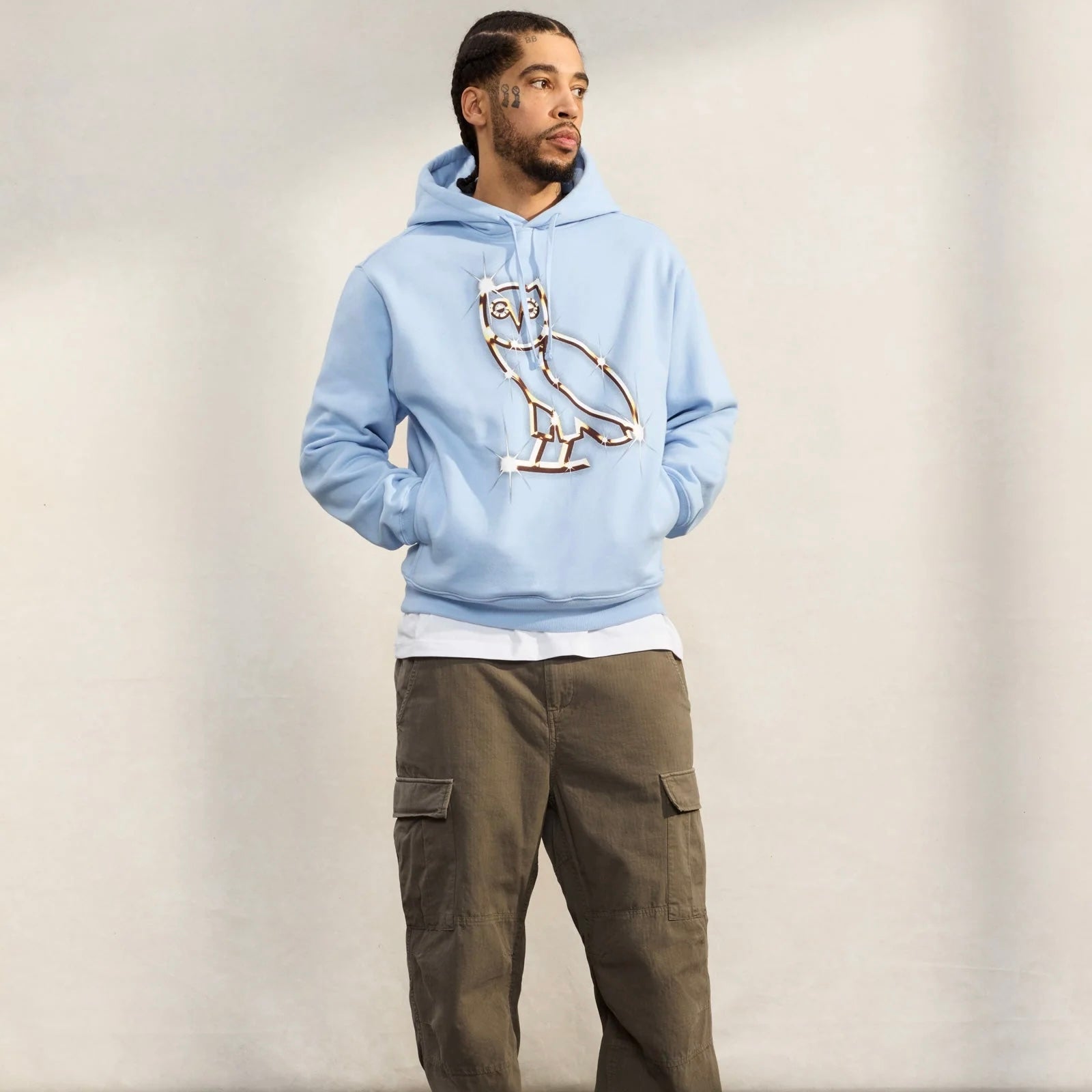 OVO Baby Blue Bling Hoodie On Body 3