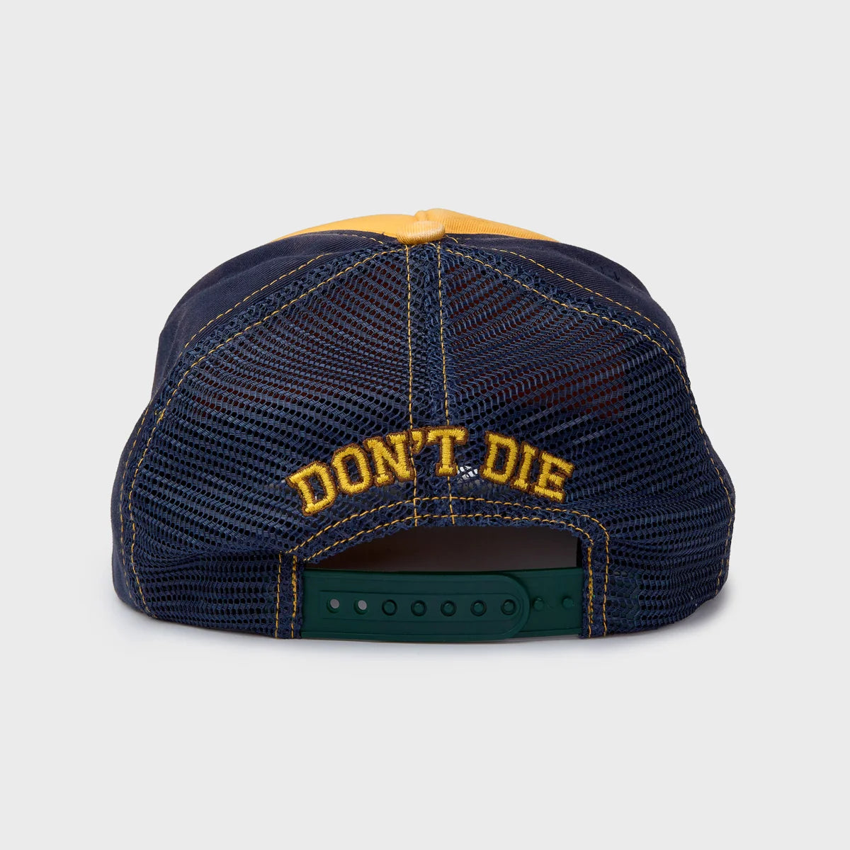 HMDD Yellow Sandlot Hat, back view with yellow Don't Die arched embroidery on navy mesh