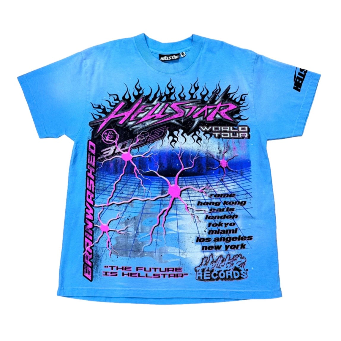 Hellstar Baby Blue Neuron Tour Tee front with chrome flame logo and pink neuron city grid print