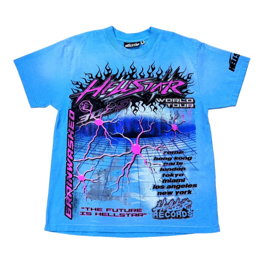 Hellstar Baby Blue Neuron Tour Tee front with chrome flame logo and pink neuron city grid print