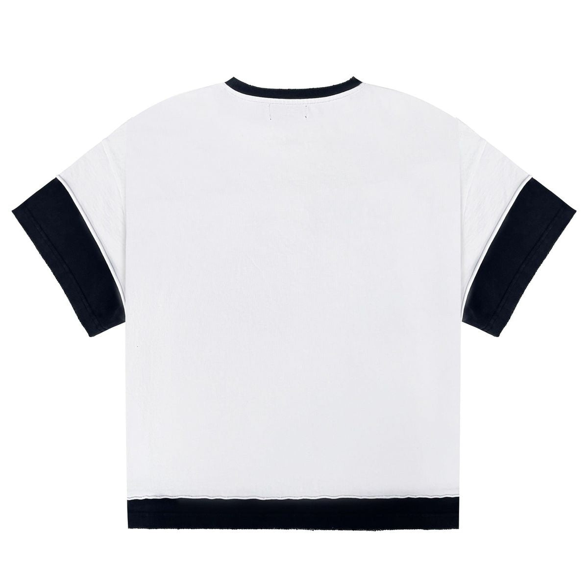 Stile De Amor White Peace of Amor T-Shirt, plain back of the white tee showing navy ribbed collar and sleeve cuffs