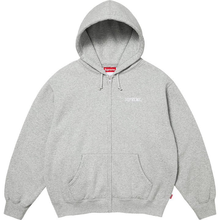 Supreme Heather Grey Blessed Applique Zip Hoodie front view with the red box logo tab at the neck