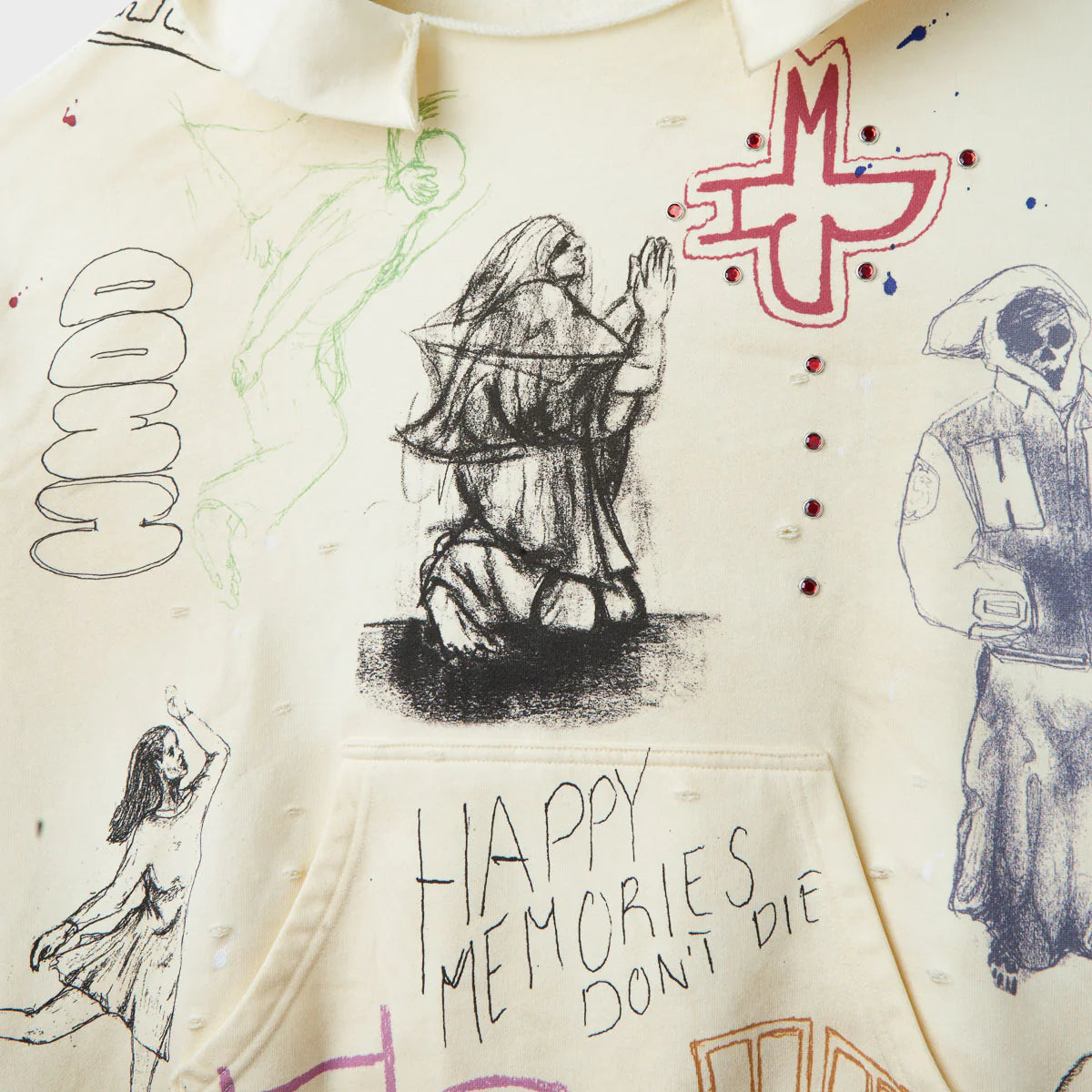 HMDD Sketch Hoodie, chest detail with a kneeling figure sketch, red cross and hand-lettered Happy Memories Dont Die above the pocket