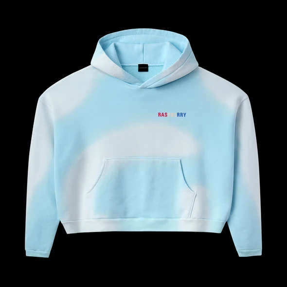 GV Gallery Czech Hoodie front view in cloud-washed light blue with the small Raspberry chest print
