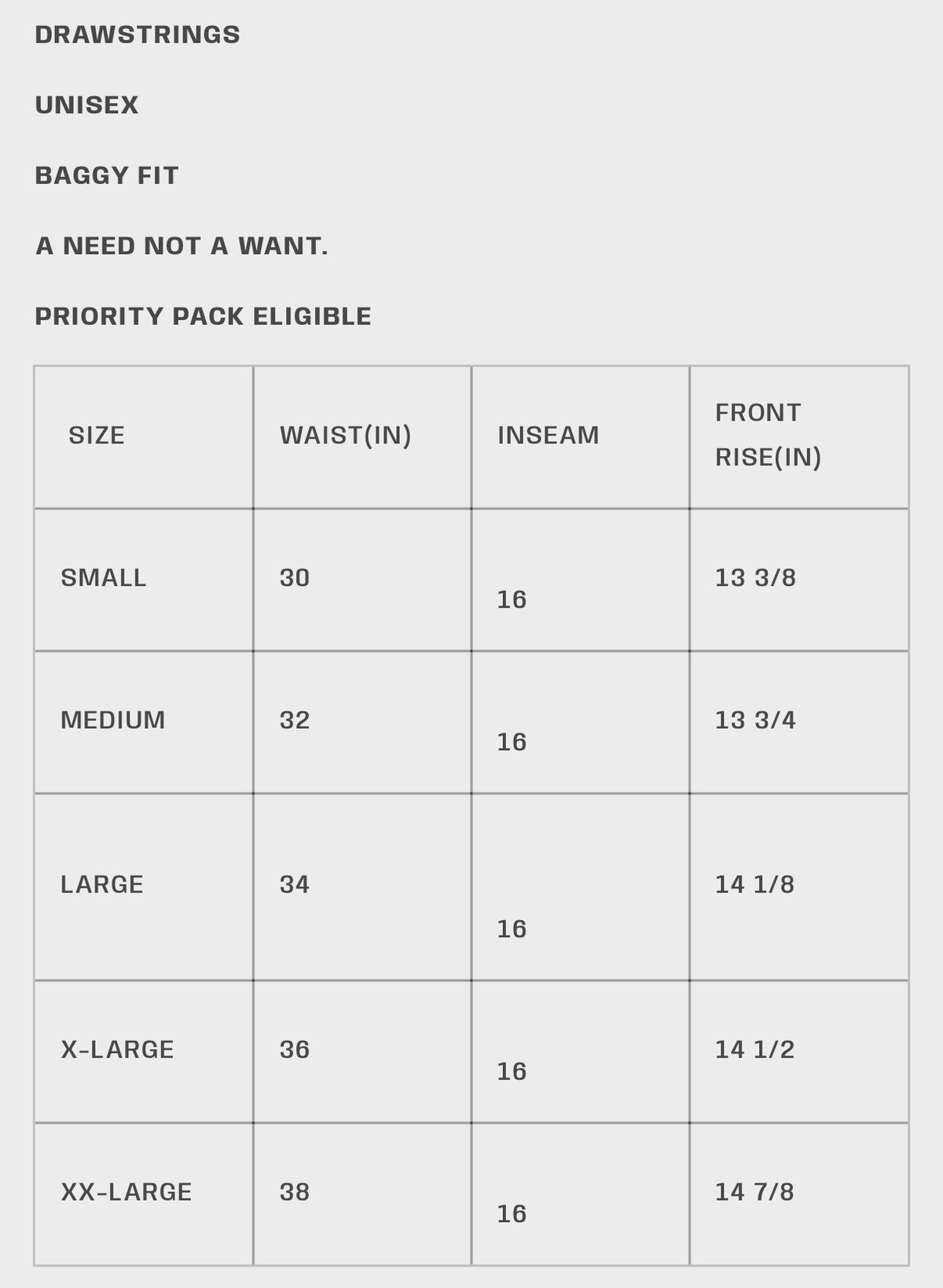 HMDD Grey Army Sweat Shorts size chart — brand card with waist, inseam and front rise measurements in inches