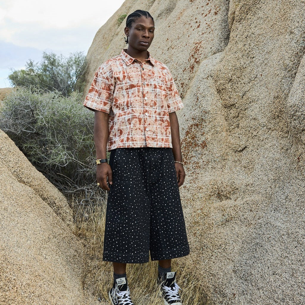AZVA Black Midnight Geode Jorts on body