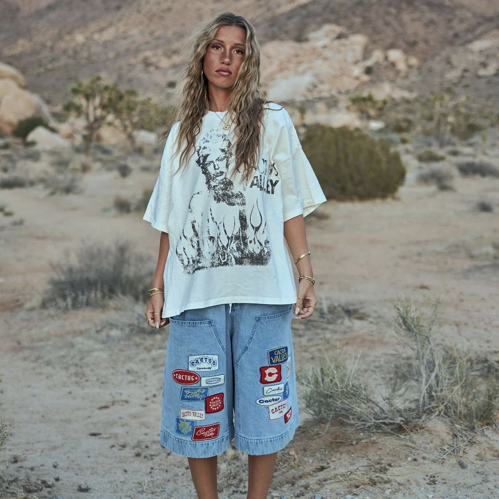 AZVA Blue Roadside Jorts on body