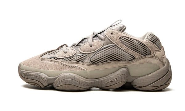 Adidas Yeezy 500 Ash Grey, chunky grey-taupe suede and mesh runner in profile with layered segmented midsole