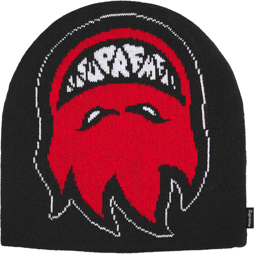 Supreme Spitfire Black Beanie, black knit beanie with a red flaming skull head wearing a lettered bandana knitted across the front