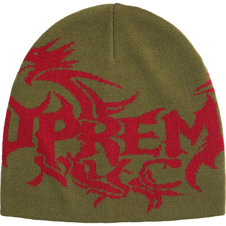 Supreme Dragon beanie in olive with a red knit dragon wrapped around Supreme NYC lettering